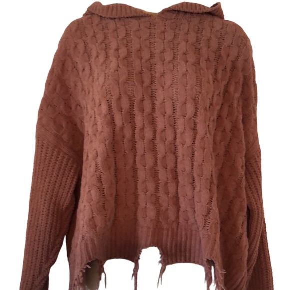 Woman’s Y2k BKE cable knit fall hooded mauve fringe distressed sweater - Picture 2 of 12